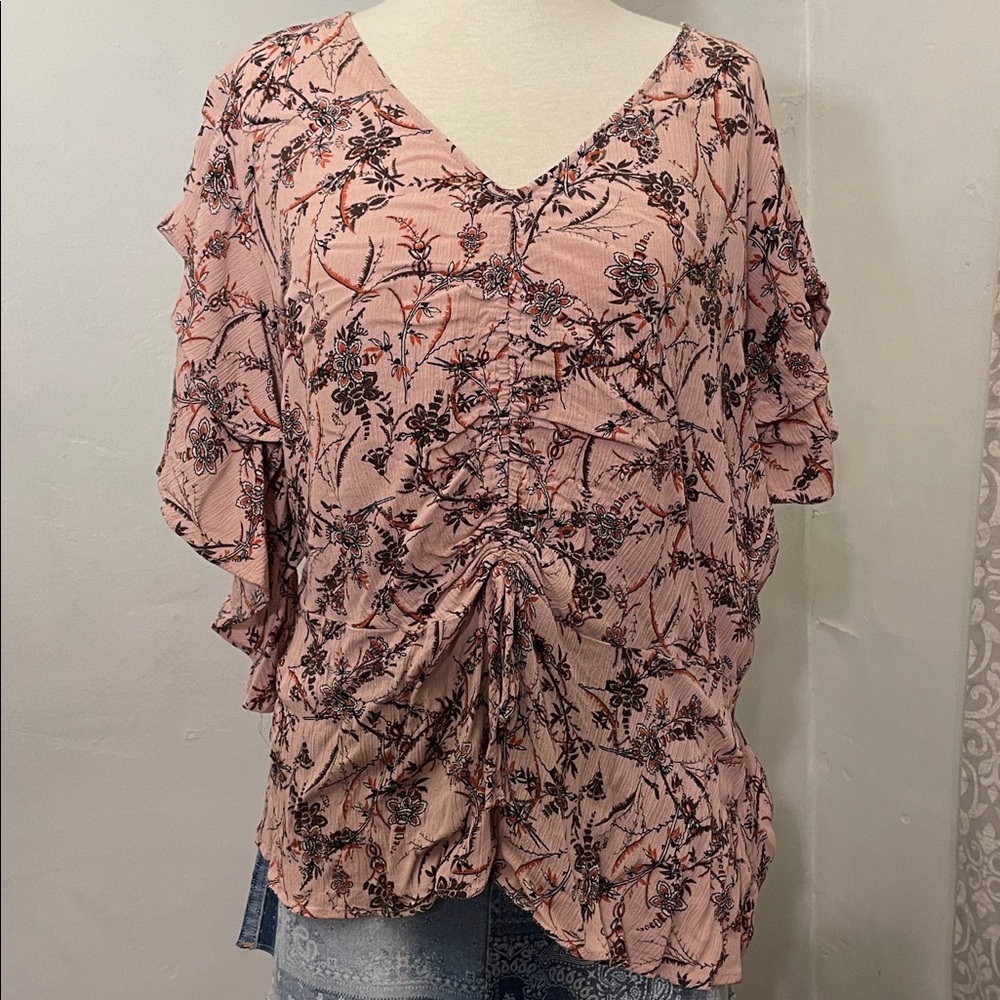 Maurice’s Pink Floral V-Neck Ruched Top XL